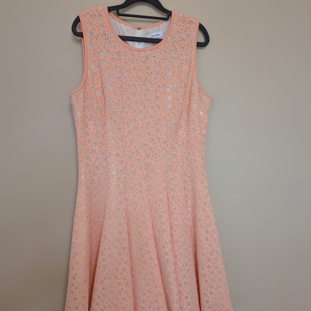 Calvin Klein light orange peach white cut out circle dress 14 EUC